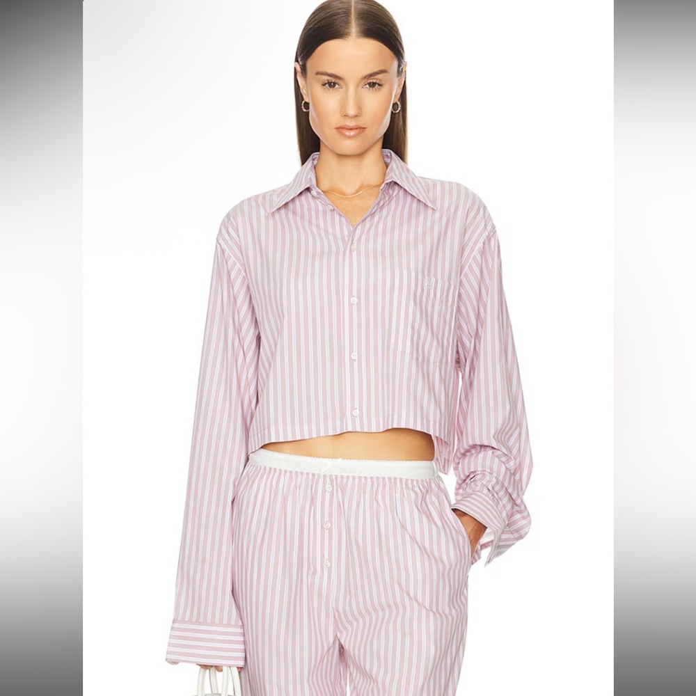 NWT Helsa $188 Wide Stripe Poplin Cropped Shirt Mauve Stripe size XS Revolve